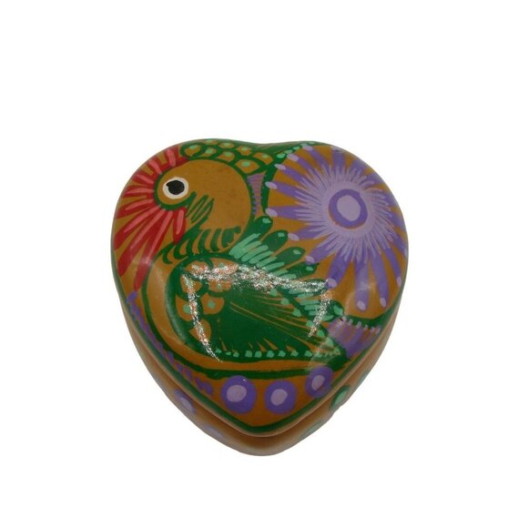 Pottery Terracotta Heart Shaped Trinket Keepsake Box Handpainted Bird Taxco Mexi - Picture 6 of 12